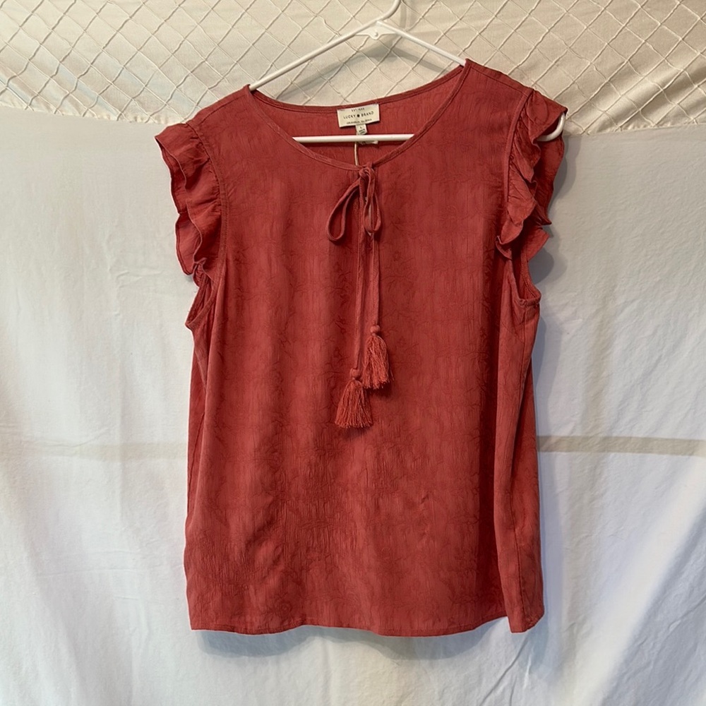 Lucky Brand Ruffled Tie Front Blouse Orange Red